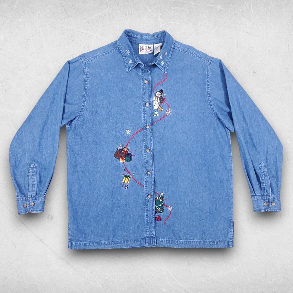 Bill Blass Denim Shirt Women L Blue Button Up Christmas Snowman Embroidery Retro